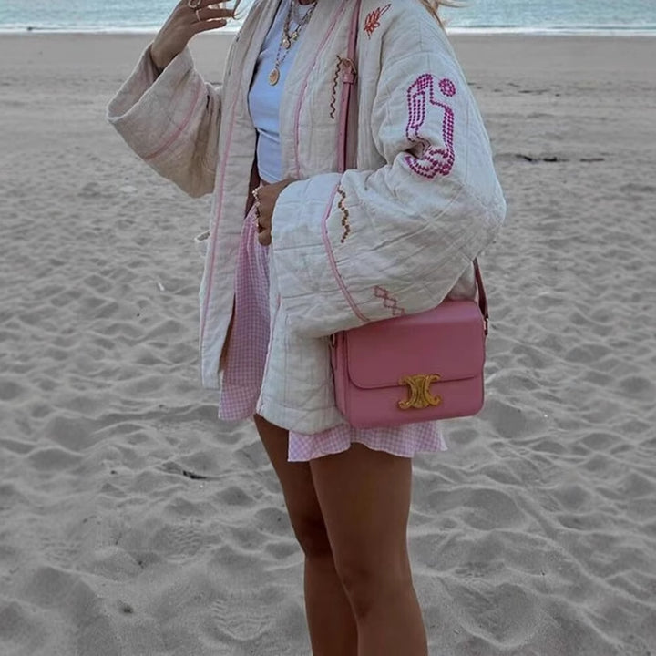 Women's kimono jacket with decorative embroidery design and practical pockets Lune London