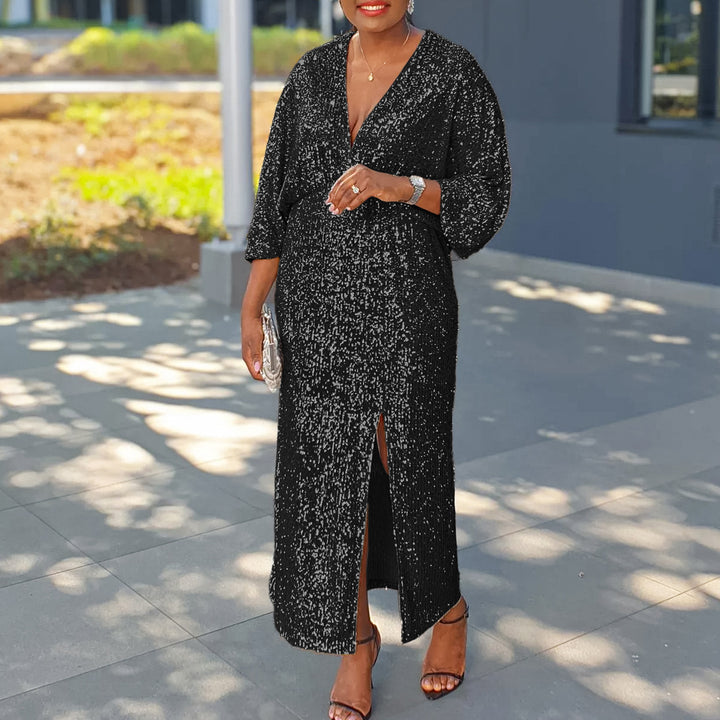 Sparkling evening dress for women with deep slit and luxurious puff sleeves Lune London