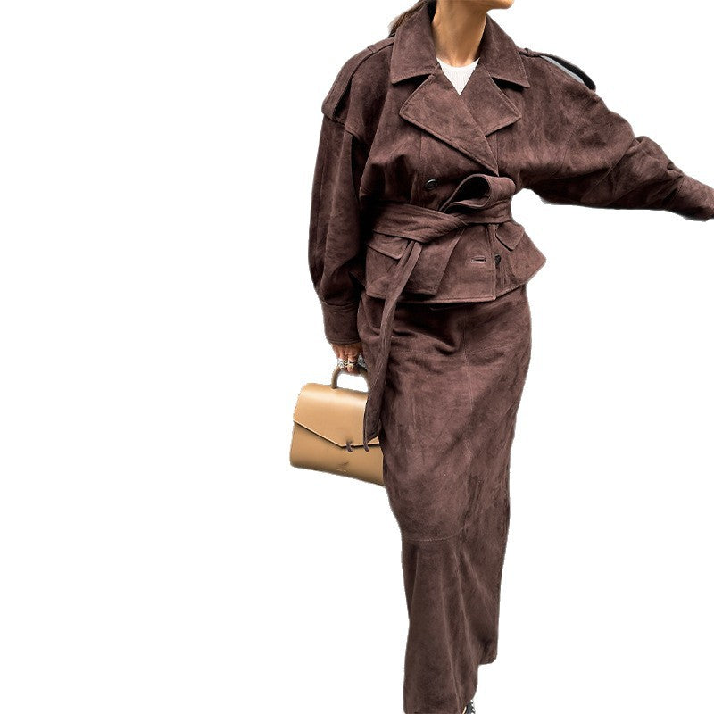 Suede leather jacket for women with matching skirt in a stylish set Lune London