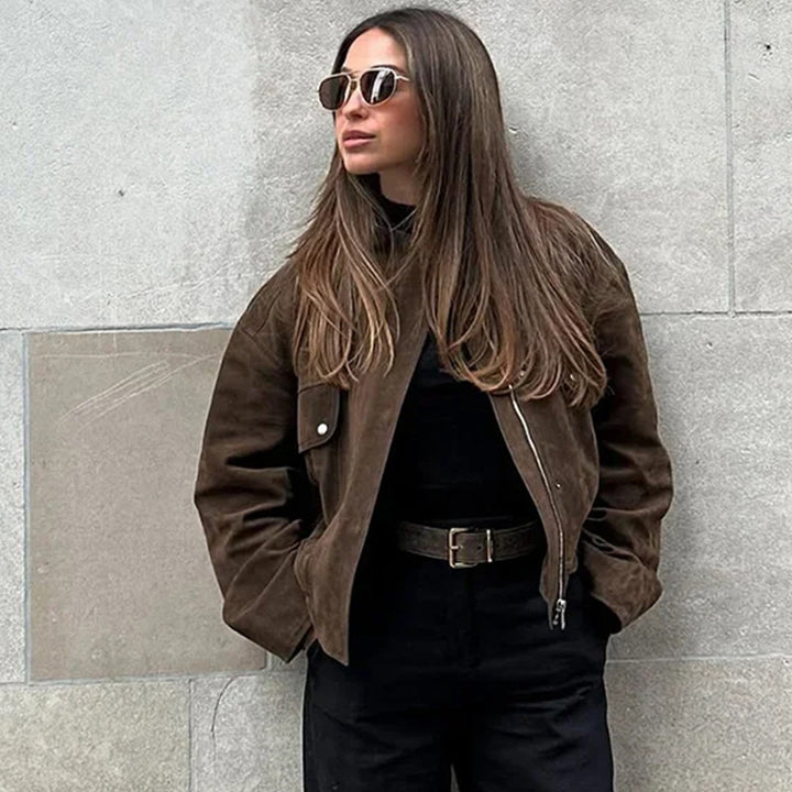 Ladies Elegant Synthetic Leather Jacket with Modern Chic High Collar and Style