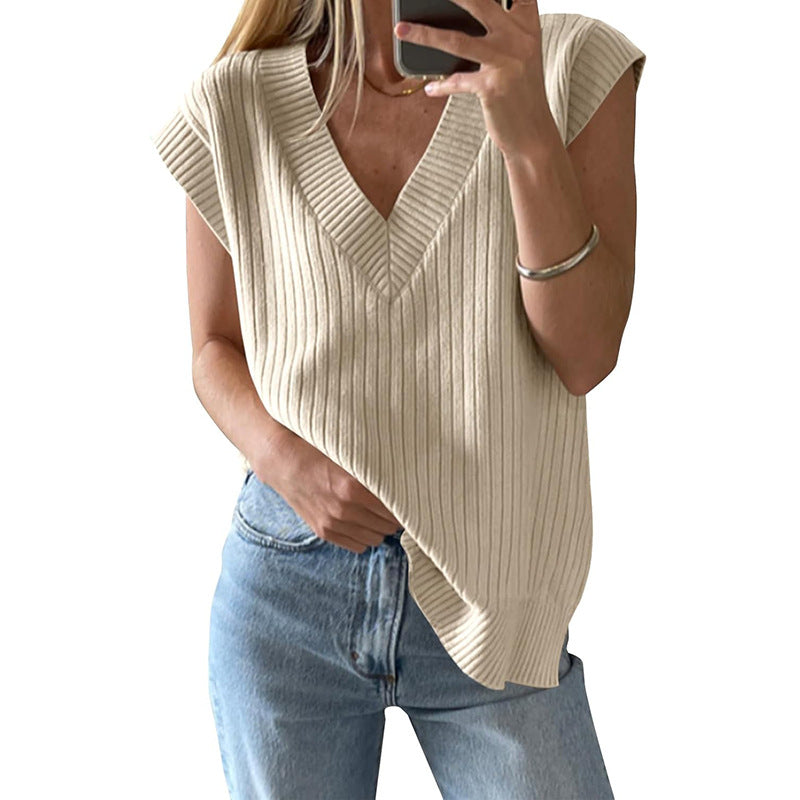 Women's Casual V-Neck Top Made of Ribbed Knit Material Lune London