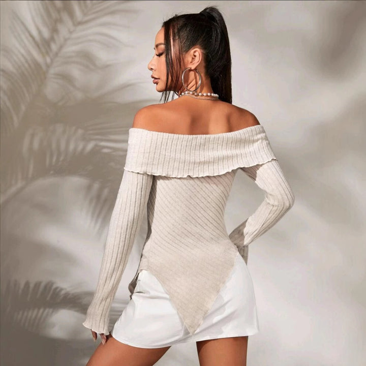 Women's ribbed knit top with Bardot neckline and Lune London decoration