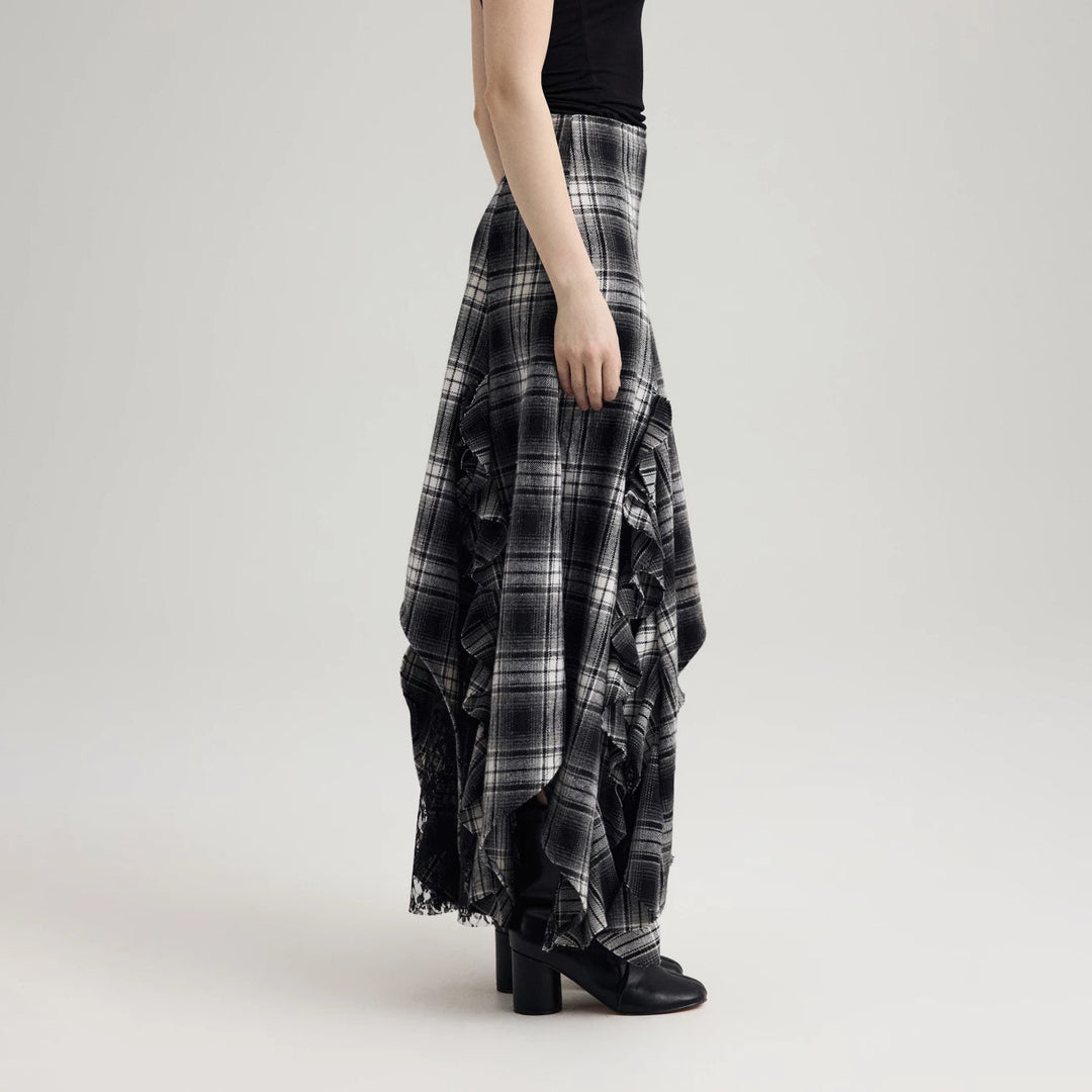 Women’s maxi skirt with asymmetric hem and ruffle details Lune London
