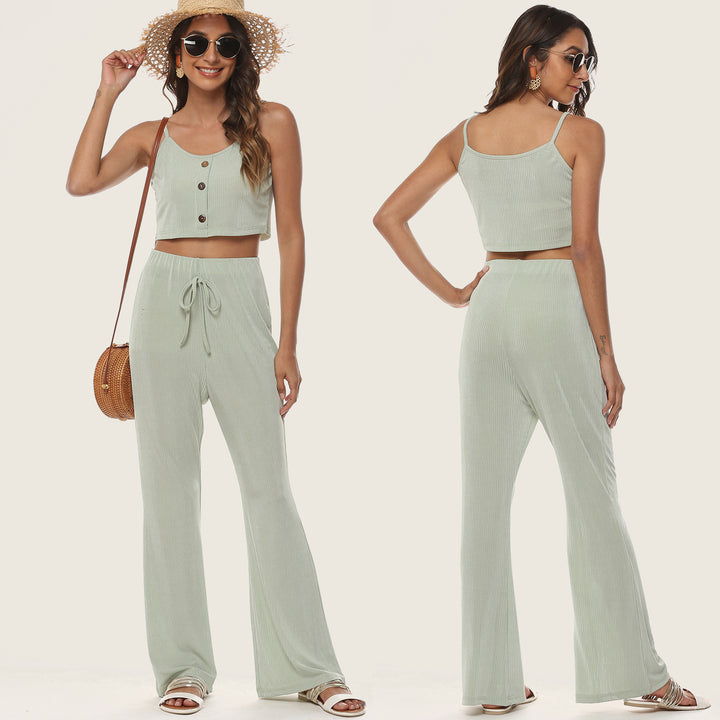 Women Short Ribbed Top and Flared Pants Set Lune London