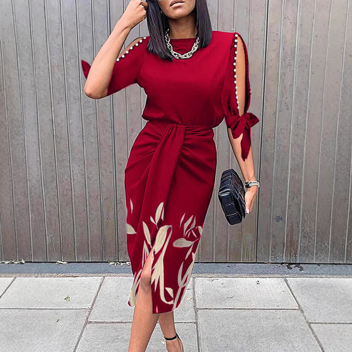 Mid-length dress for women with floral details and an elegant slit Lune London