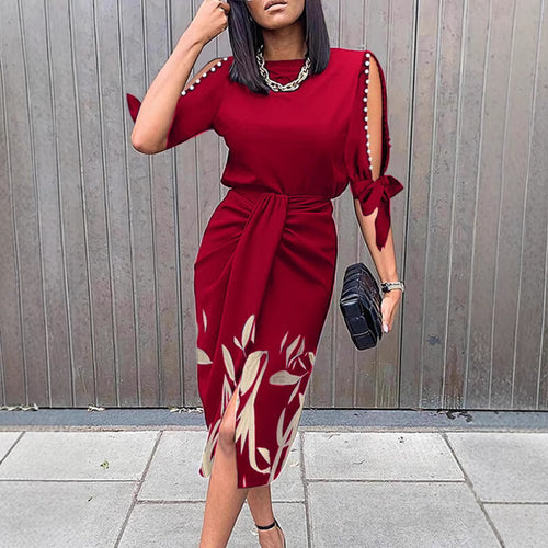 Mid-length dress for women with floral details and an elegant slit Lune London