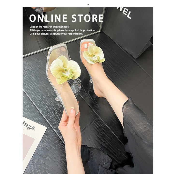 Women transparent Mules with elegant floral decoration and high heel Lune London