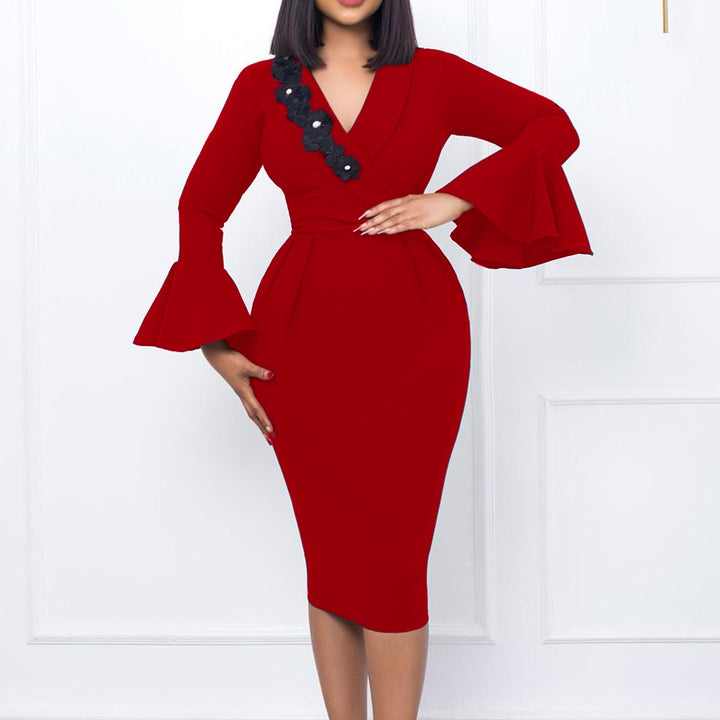 Floral accent chic and style women's wrap dress with ruffled sleeves