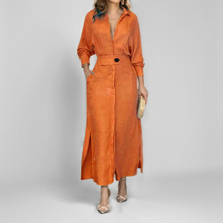 Maxi dress for women with elegant V-neckline and side slit Lune London