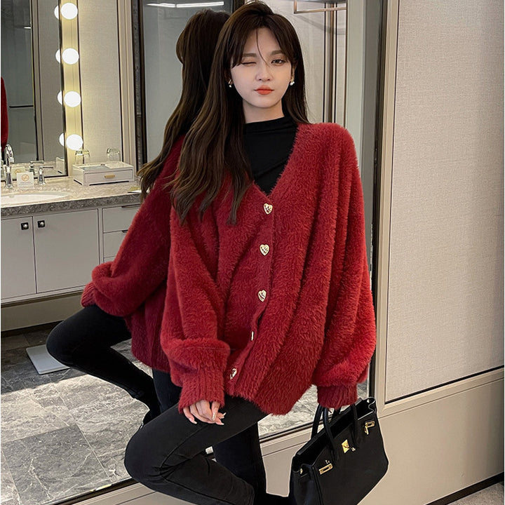 Cardigan surdimensionné pour femmes avec boutons en forme de cœur et matériau doux Chic & Stil