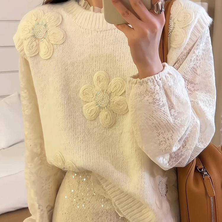 Pull en tricot pour femmes avec des appliqués floraux 3D Chic & Stil
