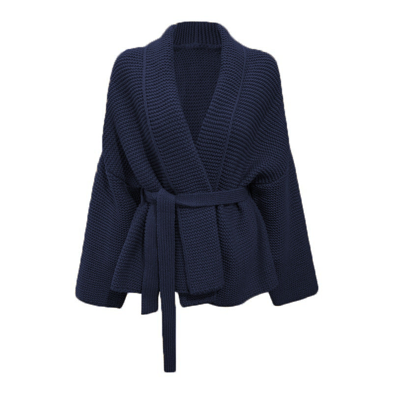 Women's chunky knit cardigan with wide shawl collar and tieable belt Lune Londonl