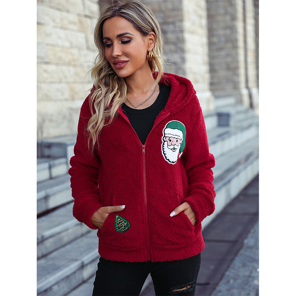 Ladies Christmas cozy jacket with hood and festive print Lune London