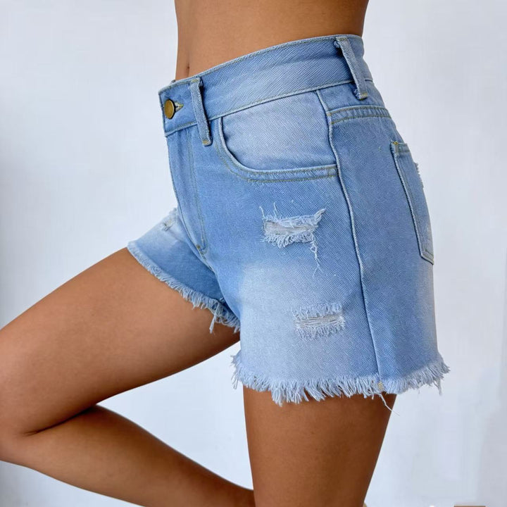 Ladies Designer Denim Shorts with Fringes and Frayed Hem Lune London
