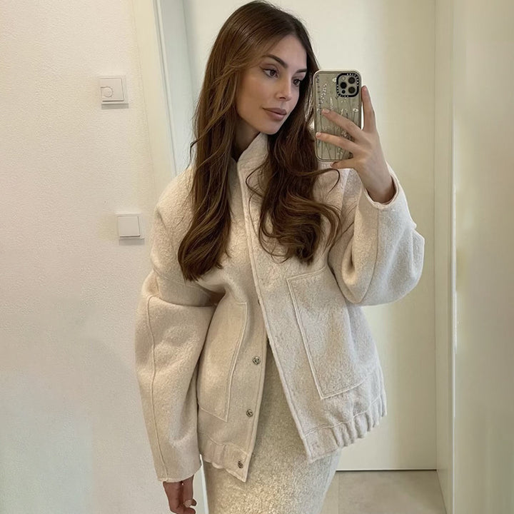 Oversized knit jacket for women in soft teddy fabric with a high collar and side pockets Lune London