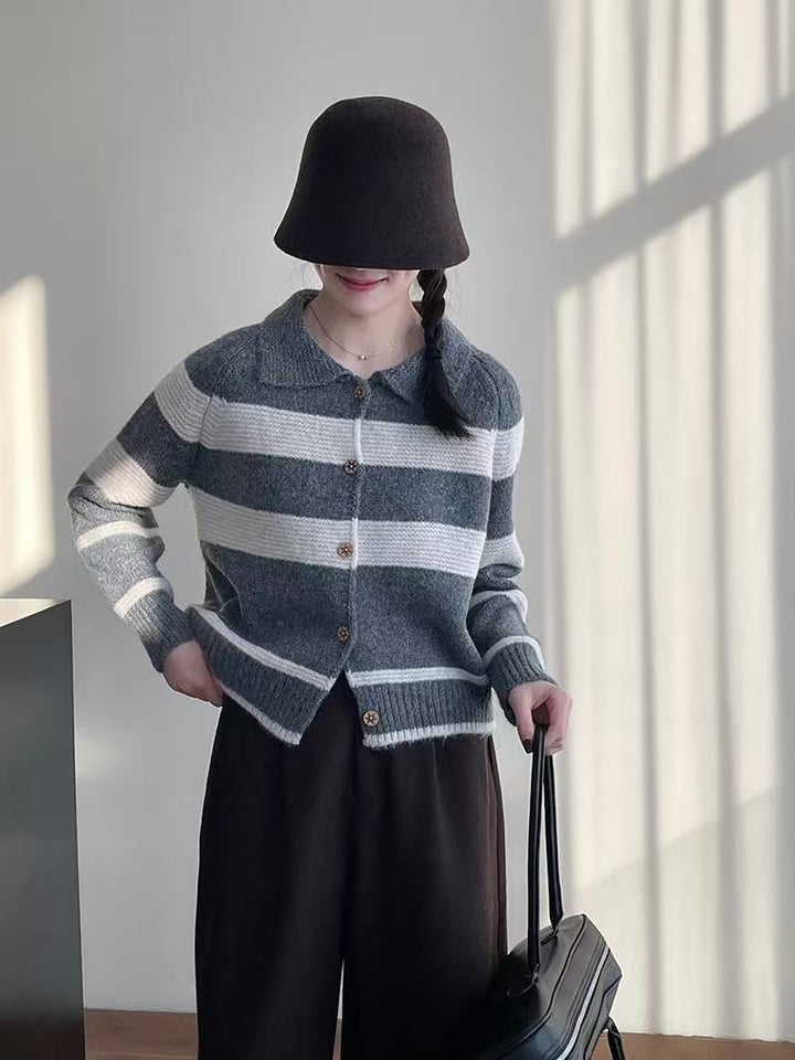 Ladies fashionable knitted cardigan with stylish stripes and wooden buttons Lune London
