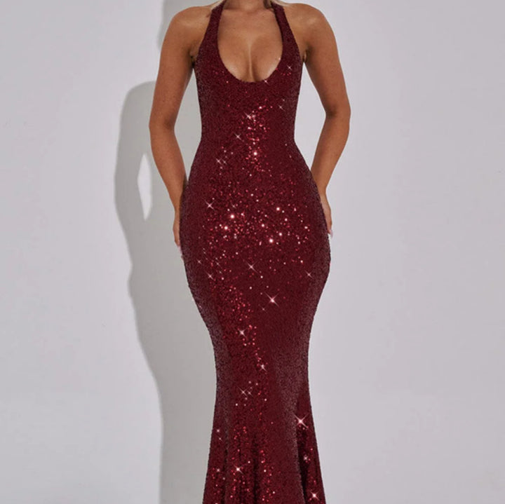 Women's Glamorous Sequin Maxi Dress with Deep V-Neck and Slim Fit Lune London