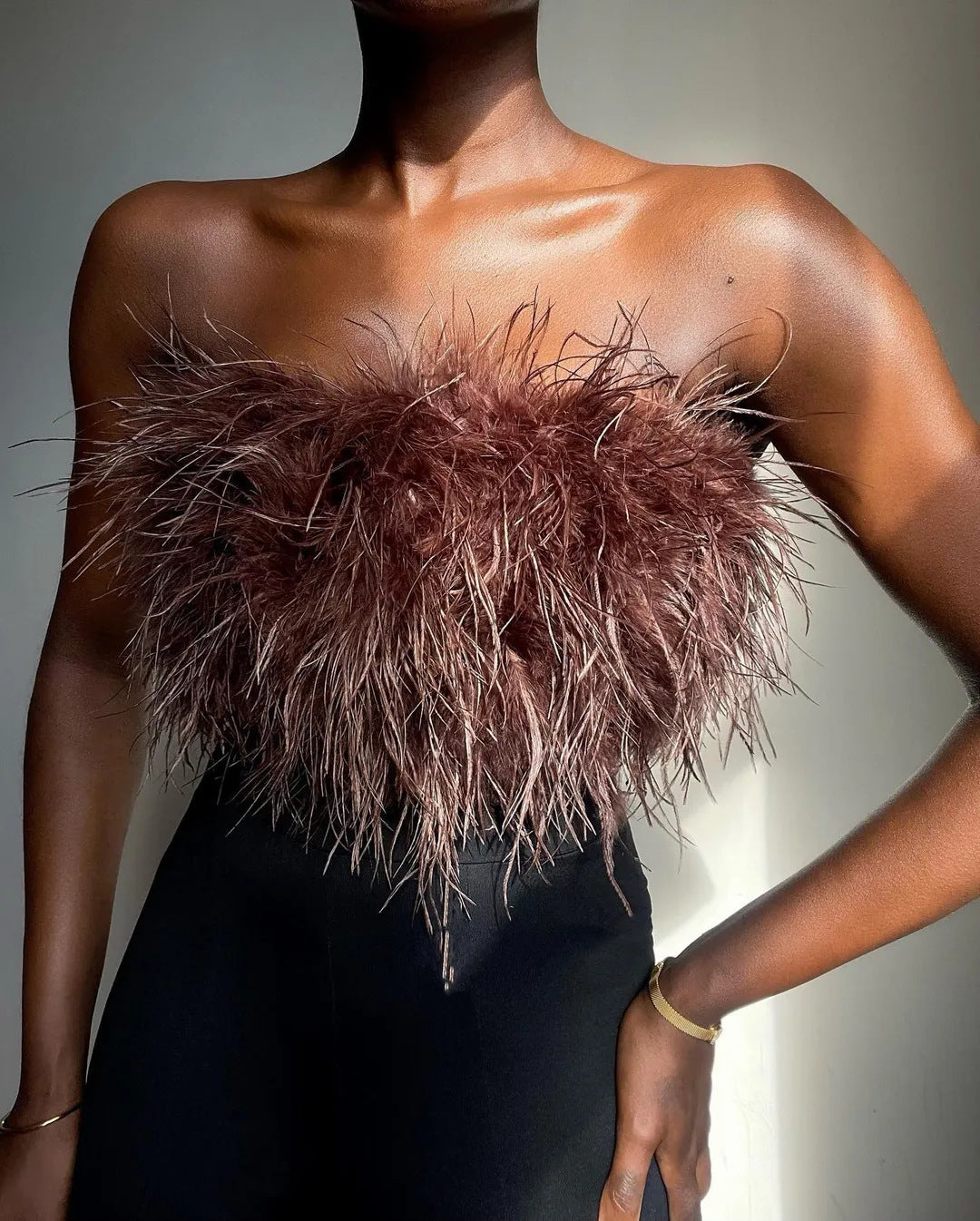 Women's Glamorous Plush Top with Removable Straps and Fringed Details Lune London