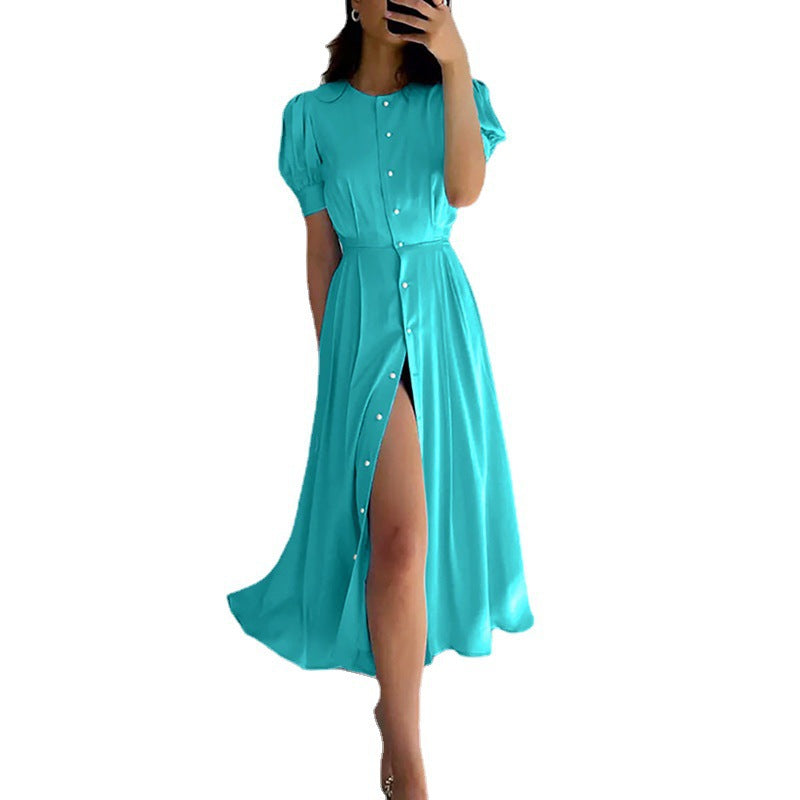 Maxi dress for women with button closure, puff sleeves and side slit Lune London