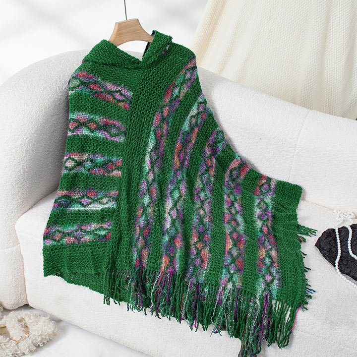 Ladies knitted poncho with hood and fringe design Lune London