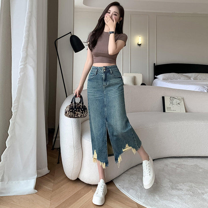 Jupe longue en denim pour femmes avec fente latérale et ourlet effiloché Chic & Stil