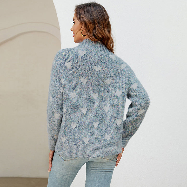Trendy knitted sweater for women with heart pattern and high collar Lune London