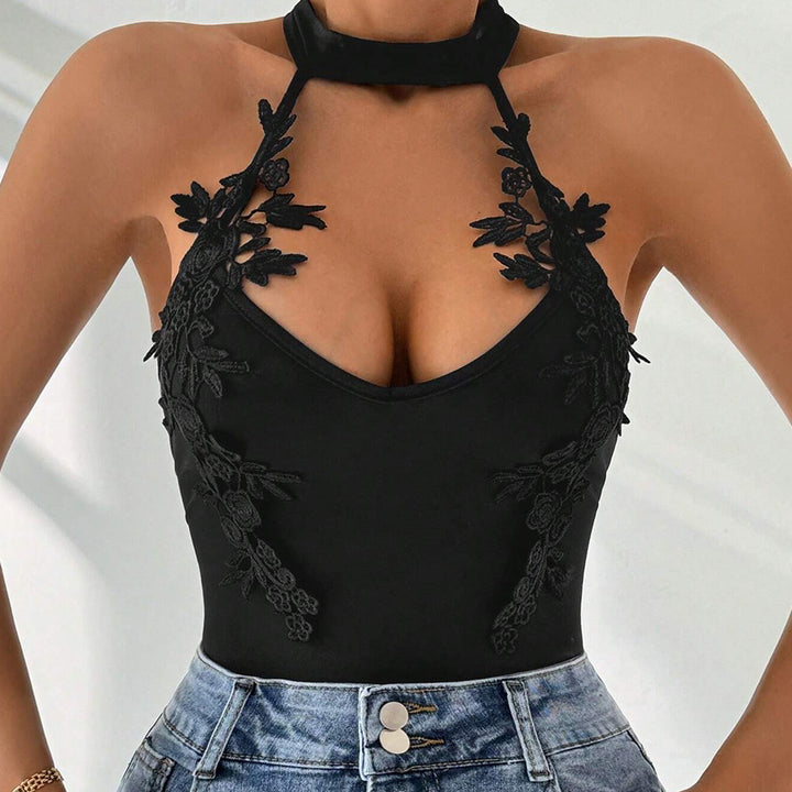 Body-halter pour femme avec accents en dentelle florale et décolleté en V profond Chic & Stil