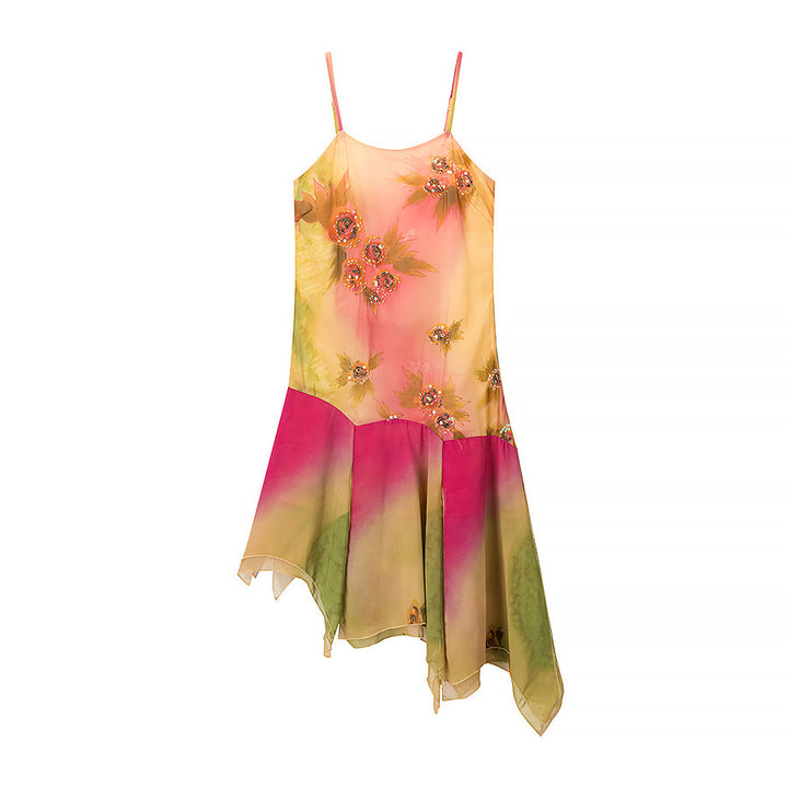 Asymmetrical summer dress for women with a floral design and delicate spaghetti straps Lune London