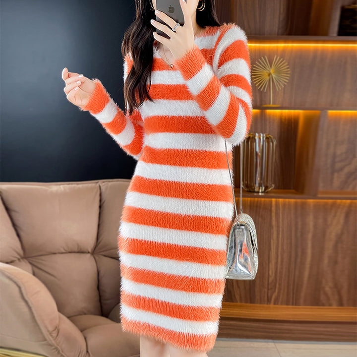 Knit dress for women with a trendy striped pattern and a deep V-neck Lune London