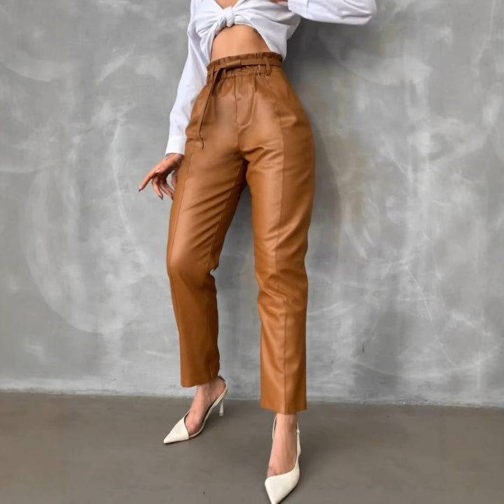 High-waisted faux leather pants for ladies with belt Lune London