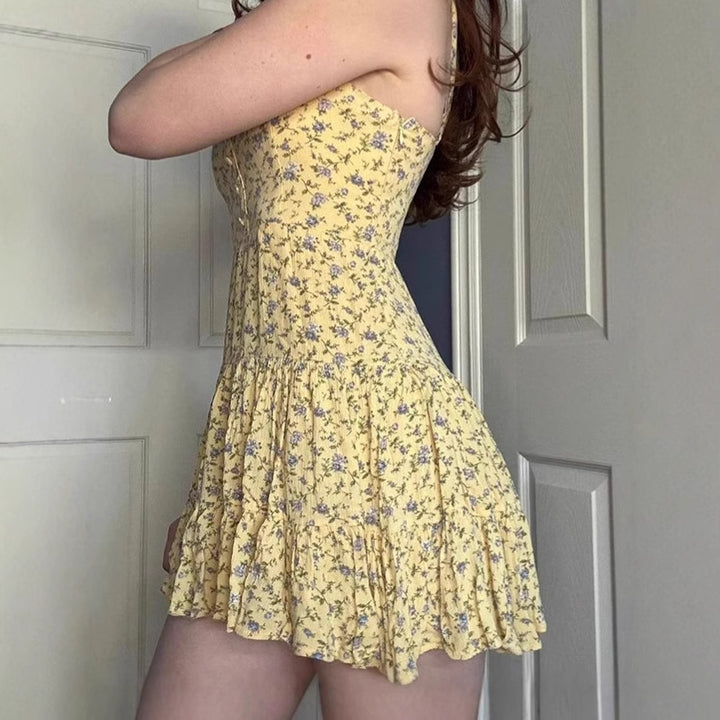 Floral A-line summer dress for women with ruffled hem and spaghetti straps Lune London
