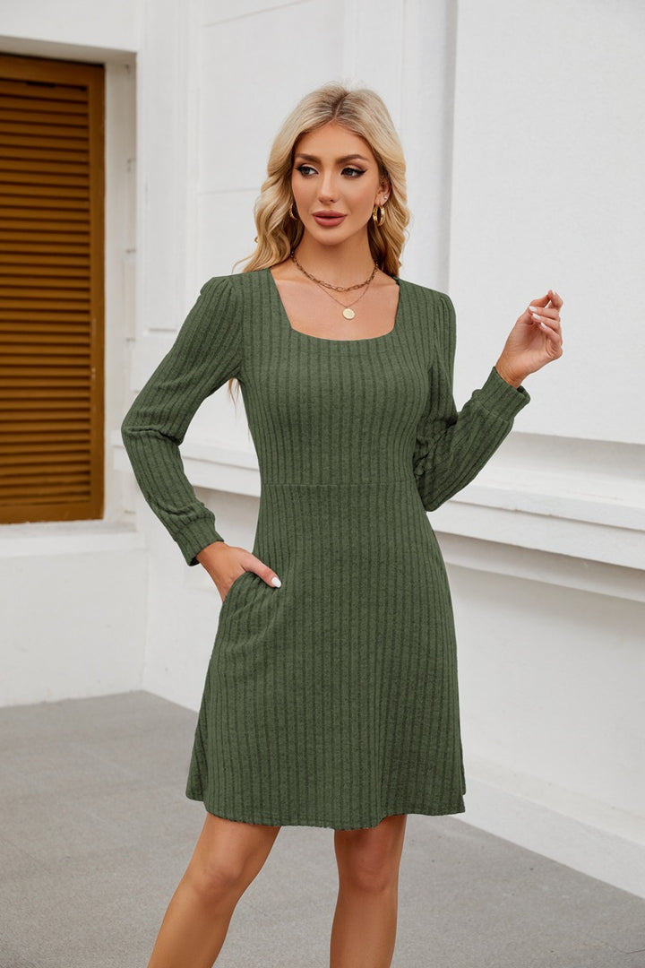 Knitted dress for women with square neckline and pockets Lune London