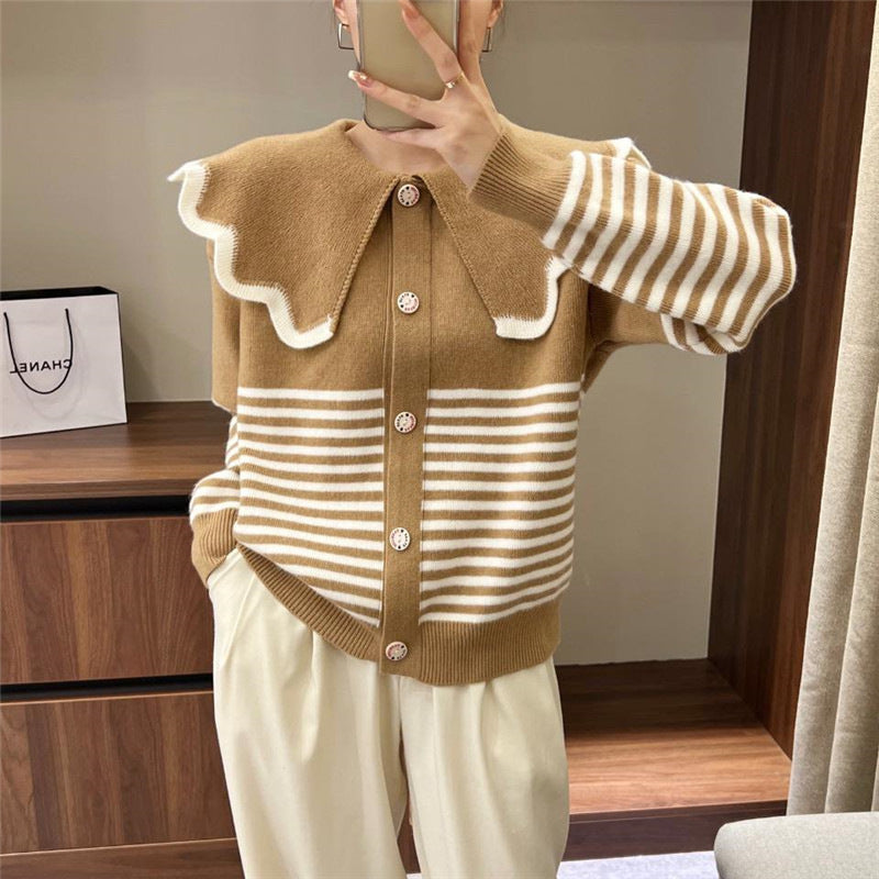 Knitted jacket for women with a large ruffled collar and contrasting stripes Lune London
