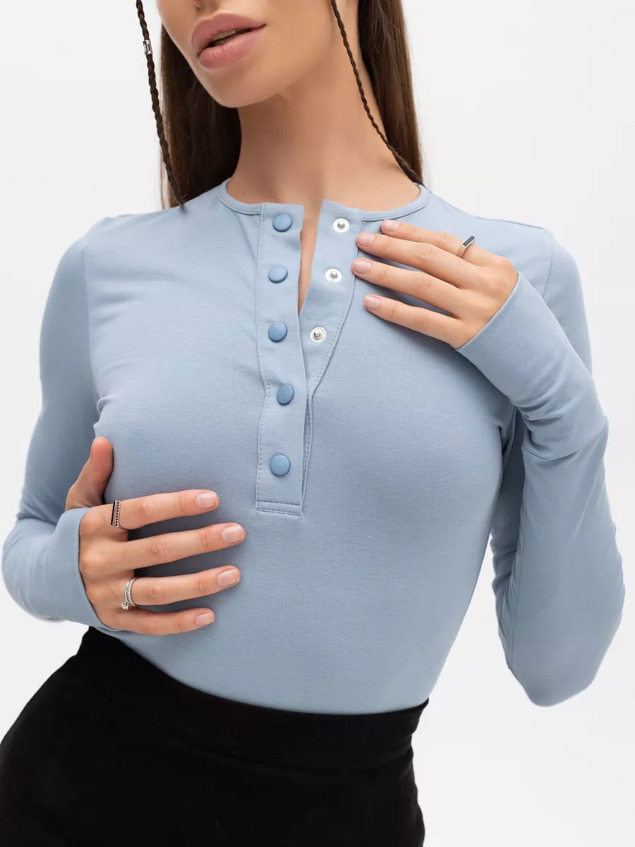 Women Long Sleeve Top with Button Placket and Fitted Cut Lune London