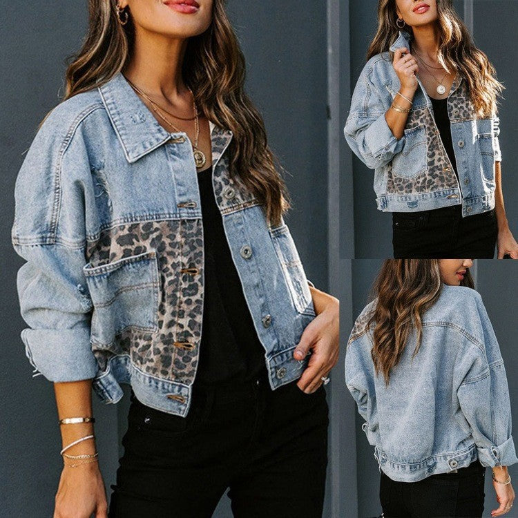 Veste en jean à coupe courte pour femmes avec motif léopard Chic & Stil