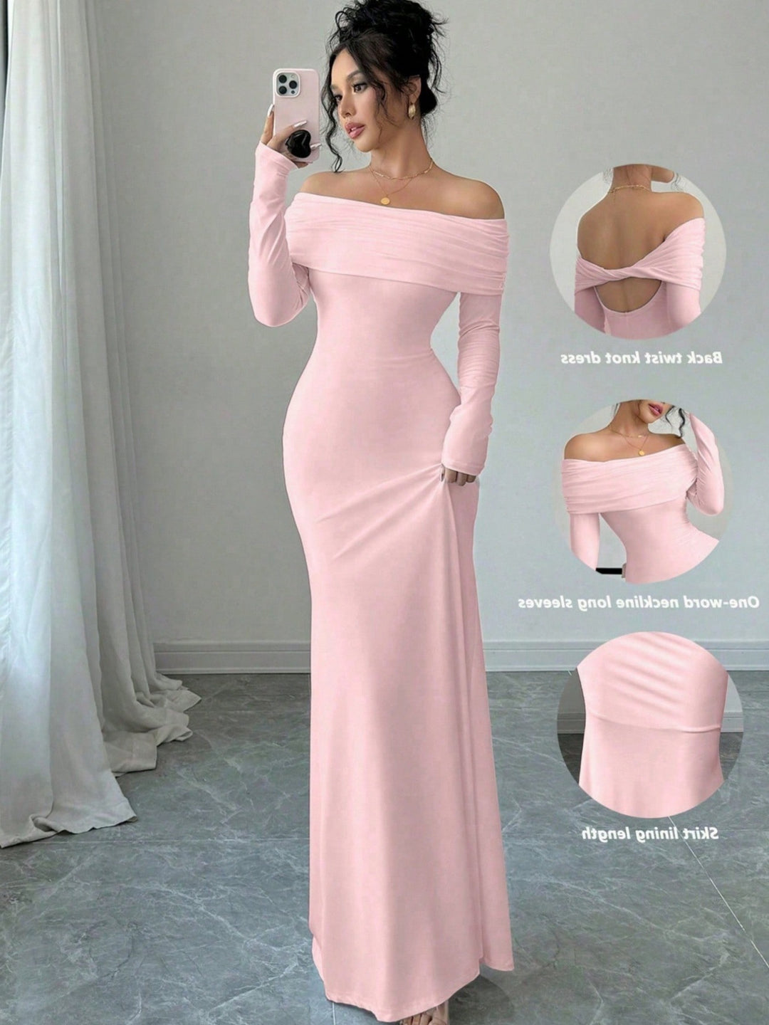 Elegant and fitted maxi dress with off-the-shoulder for women with long sleeves Lune London