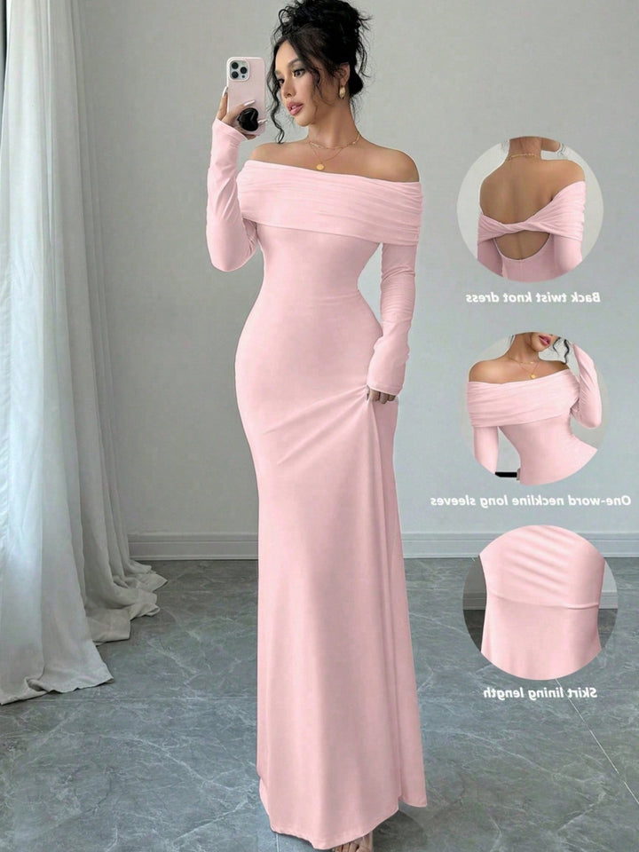 Elegant and fitted maxi dress with off-the-shoulder for women with long sleeves Lune London