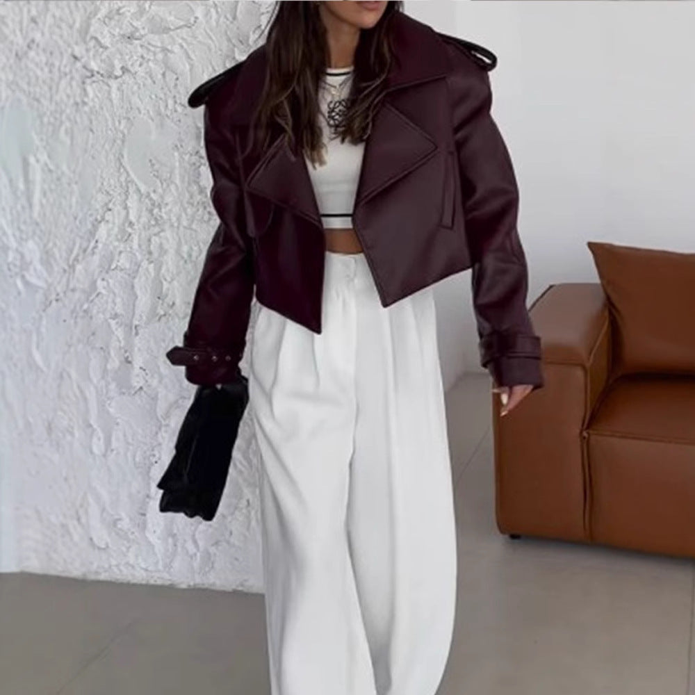 Women's faux leather jacket, trendy, with an oversized fit and wide collar Lune London