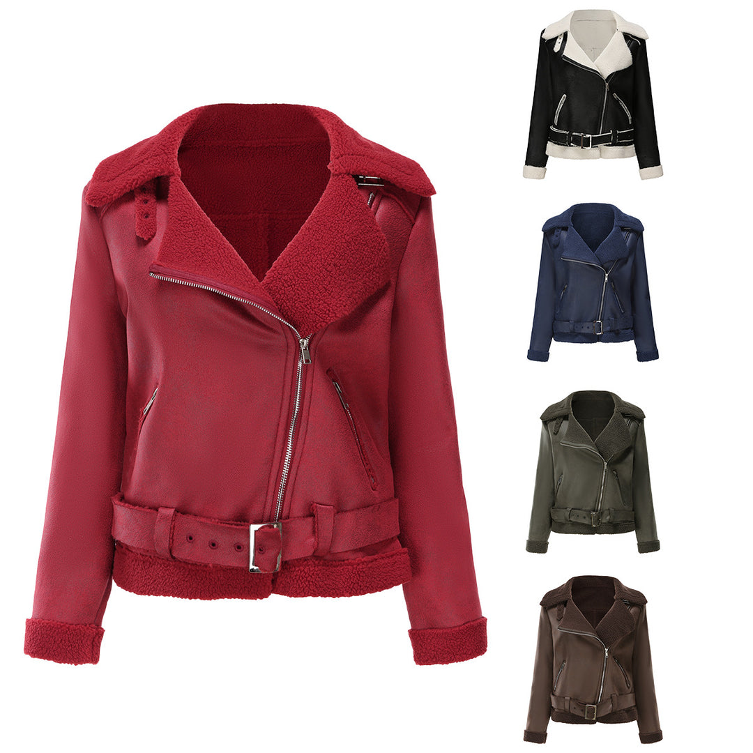 Sheepskin jacket for women with asymmetric zipper and belted waist Lune London