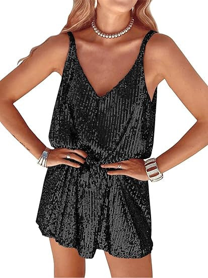 Women's Shimmering Jumpsuit with Deep V-Neck and Elastic Waist Lune London
