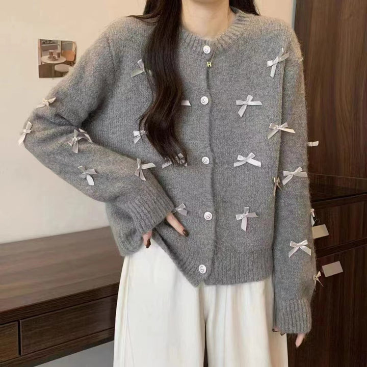 Women's knit jacket with decorative bow appliqués Lune London