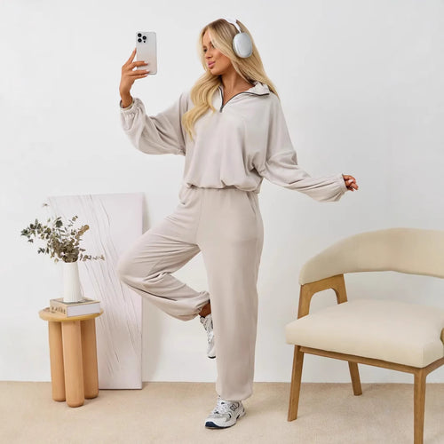 Ladies Velour Tracksuit with High Collar and Elastic Cuffs Chic & Stil