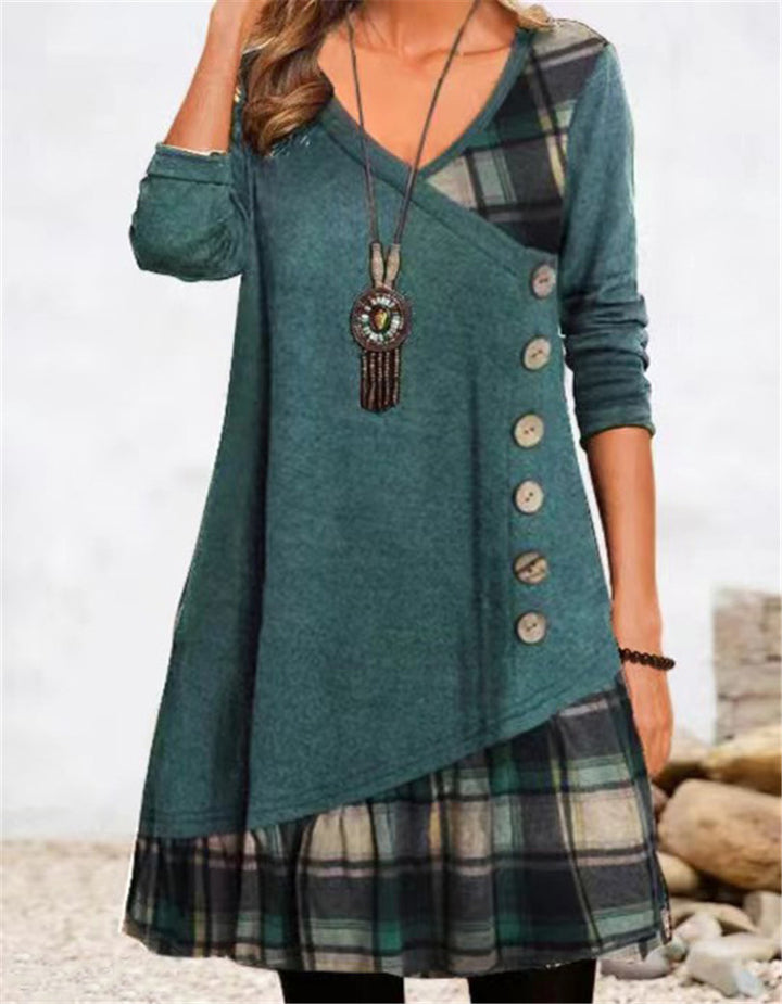 Asymmetrical casual dress for women with checkered hem and button detail Lune London