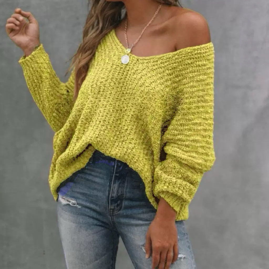Casual knitted sweater for women with a wide V-neckline and off-the-shoulder style Lune London