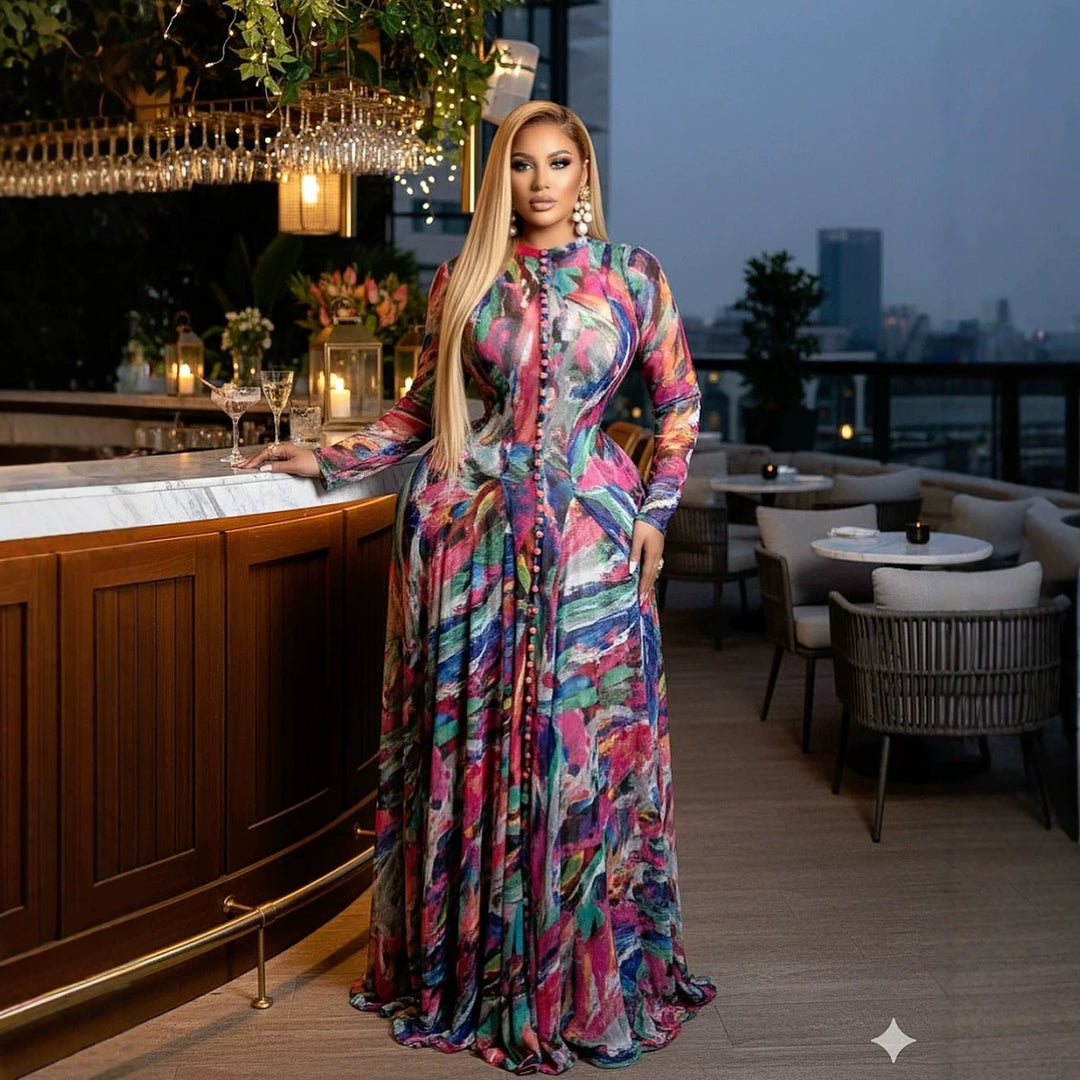 Women Elegant Maxi Dress with Textured Graphic Design Lune London