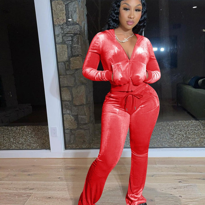 Ladies Sporty Velvet Jumpsuit with Hood and Chic Pockets