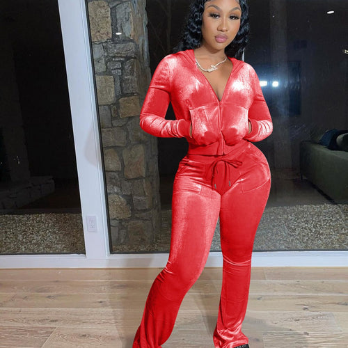 Ladies Sporty Velvet Jumpsuit with Hood and Chic Pockets