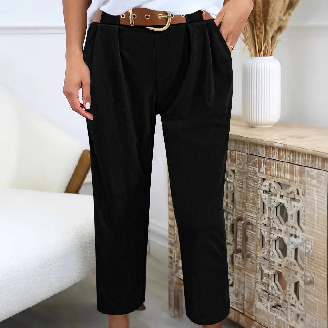 Elegant high-waisted pants for women with decorative pleats and practical pockets Lune London
