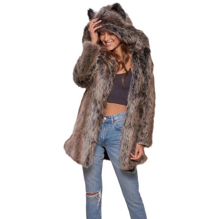 Ladies hooded faux fur coat with ear protectors Lune London