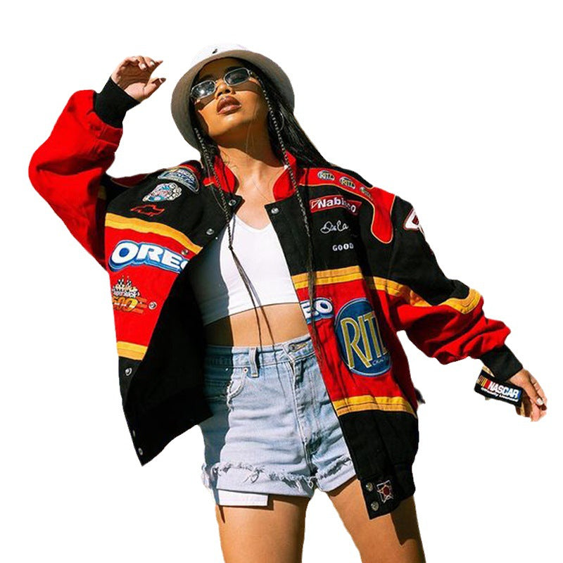 Oversized women's motorcycle sports jacket with colorful graphic details and a loose fit Lune London